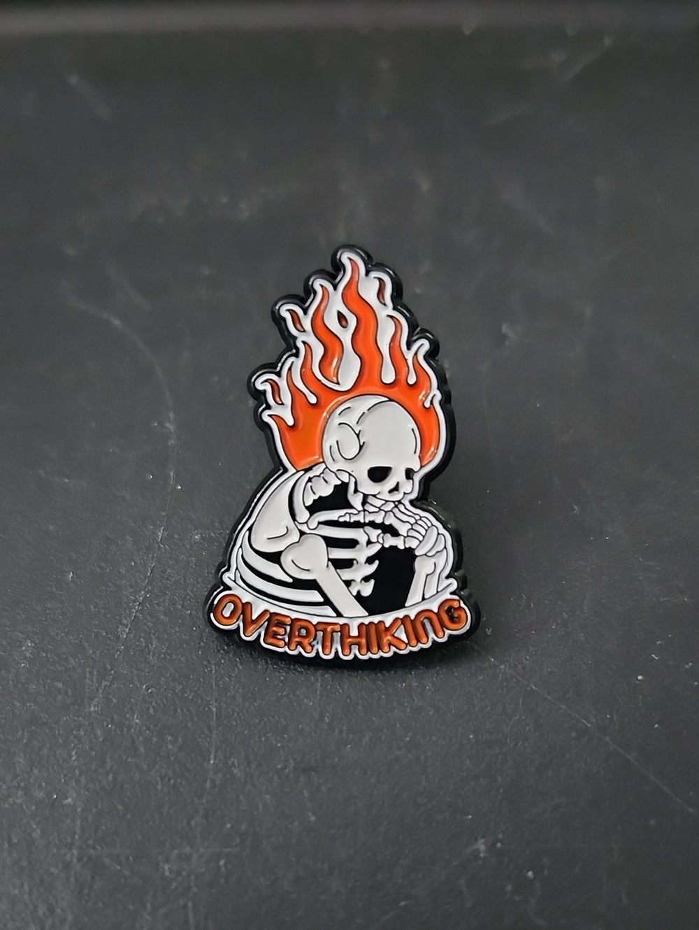 Overthinking Flame Skull Enamel Pin - Orange & White